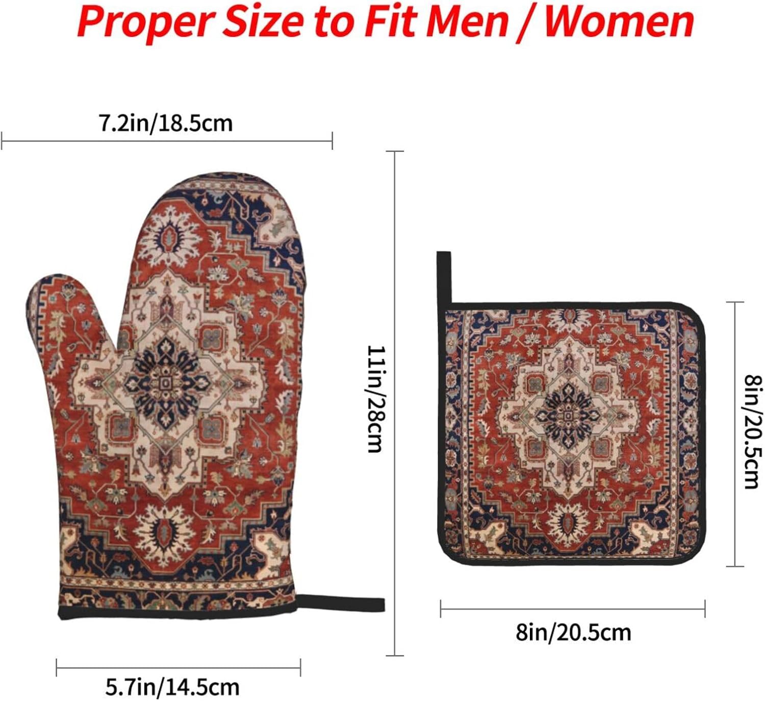 Vintage Oriental Turkish Persian Antique Boho Oven Mitts and Pan Covers 4-Piece Kitchen Pan Mitts Heat Resistant Non-Slip Chef's Baking Cooking Grill Mitts, Black