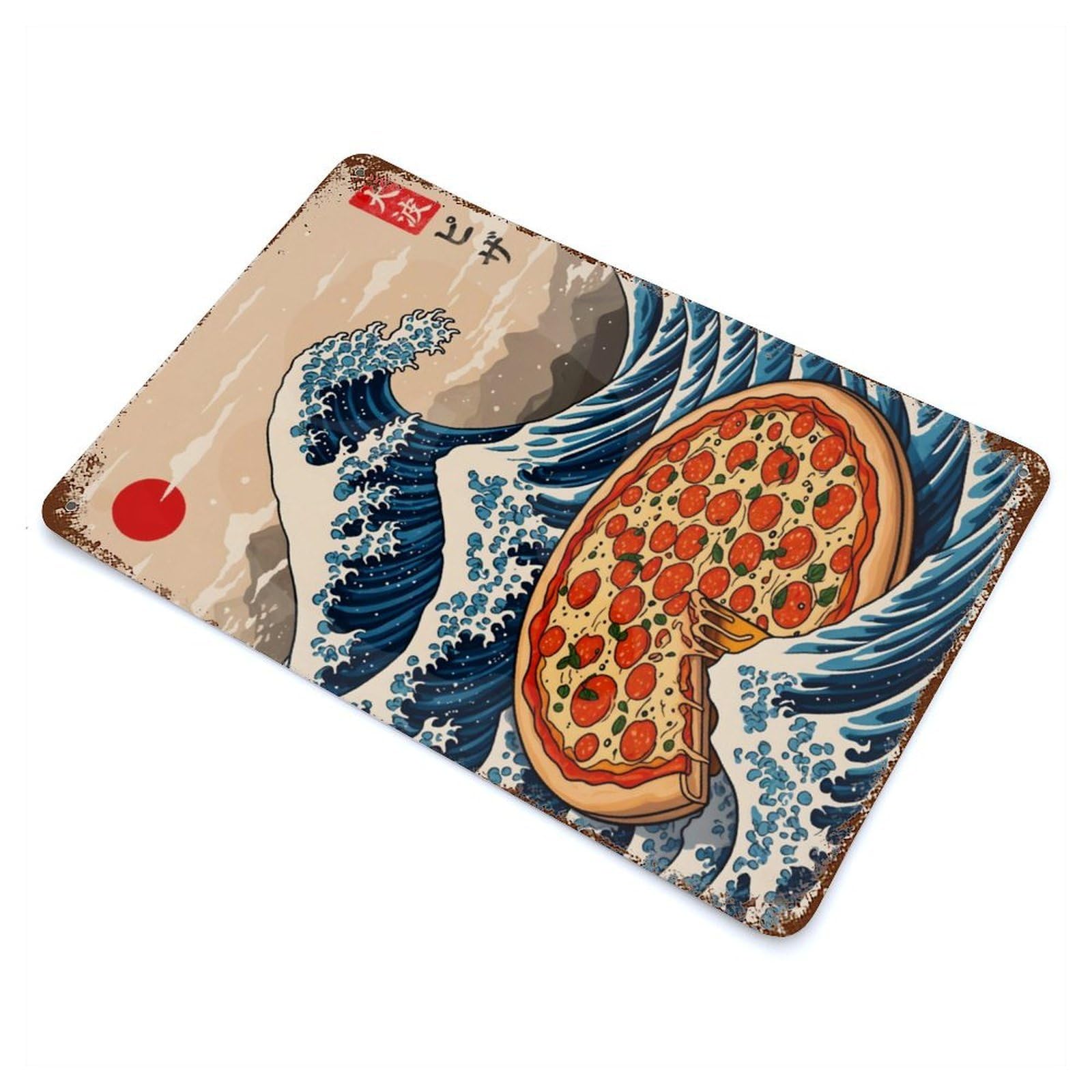 Garage Style Pizza Great Wave Rust Effect Tin Sign 11.8"x7.9", Industrial Home Decor for Bar And Workshop