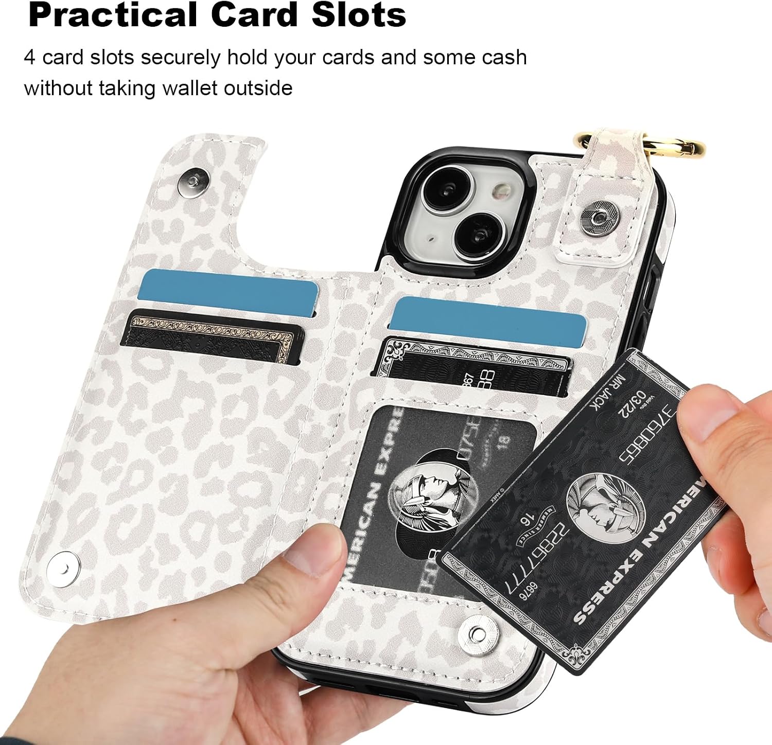 HAOPINSH for iPhone 15 Wallet Case with Card Holder, White Leopard Cheetah Print Back Flip Folio PU Leather Kickstand Card Slots Case, Finger Grip Ring Double Magnetic Clasp Shockproof 6.1"