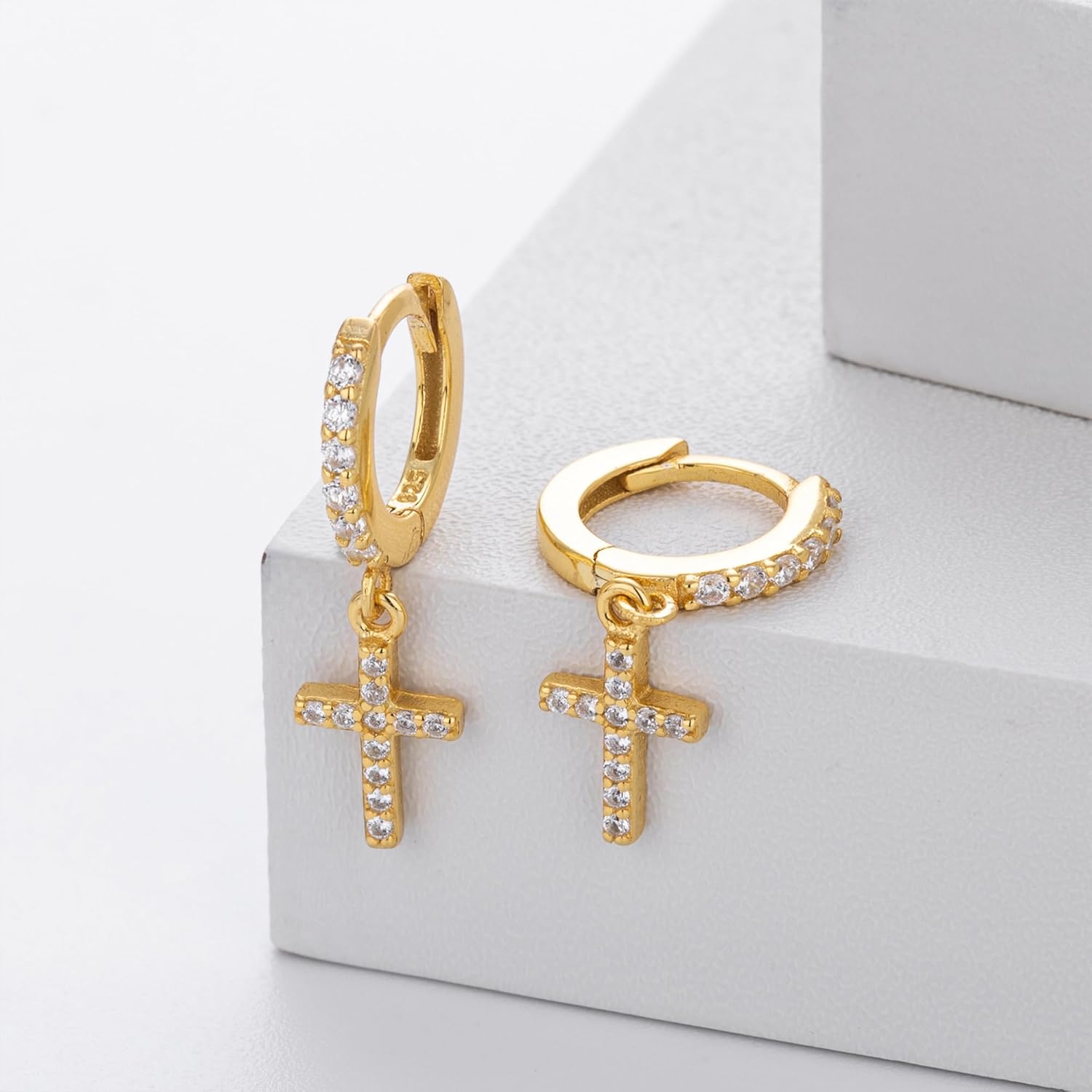 SUYACS 14k Gold Plated Cross Cubic Zirconia Drop Dangle Earrings for Women Trendy 925 Sterling Silver Cross Hoop Huggie Earring Christian Pray Belief Piercing Earring Jewelry Christmas Gifts - Image 5