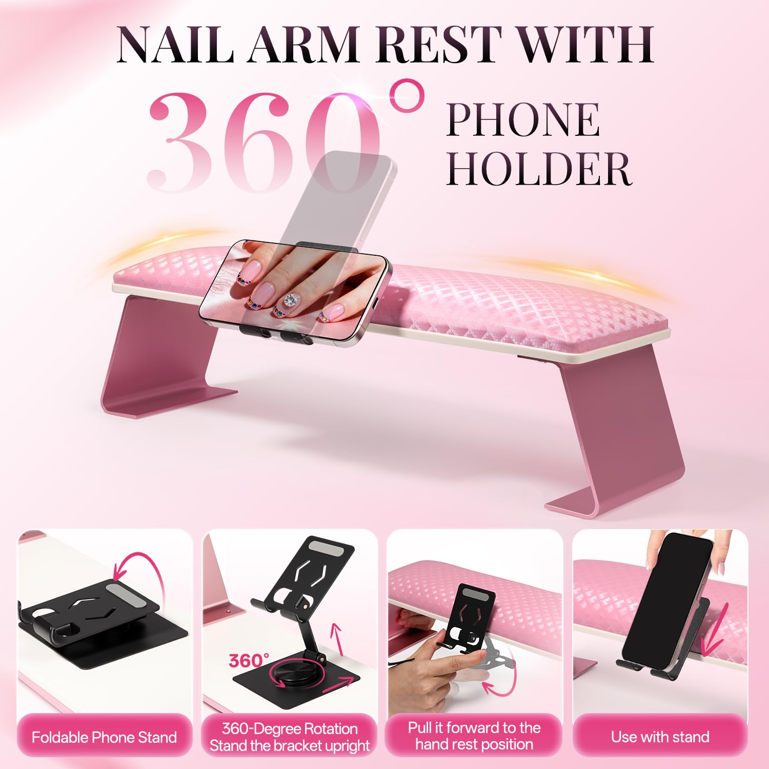 Krofaue Nail Arm Rest for Nails Tech, Ultra Stable Metal Frame with Phone Holder, Ergonomic Comfortable Premium Leather Nail Hand Rest, Large Size Fits Nail Lamp & Manicure Table, Non-Slip, Easy Clean