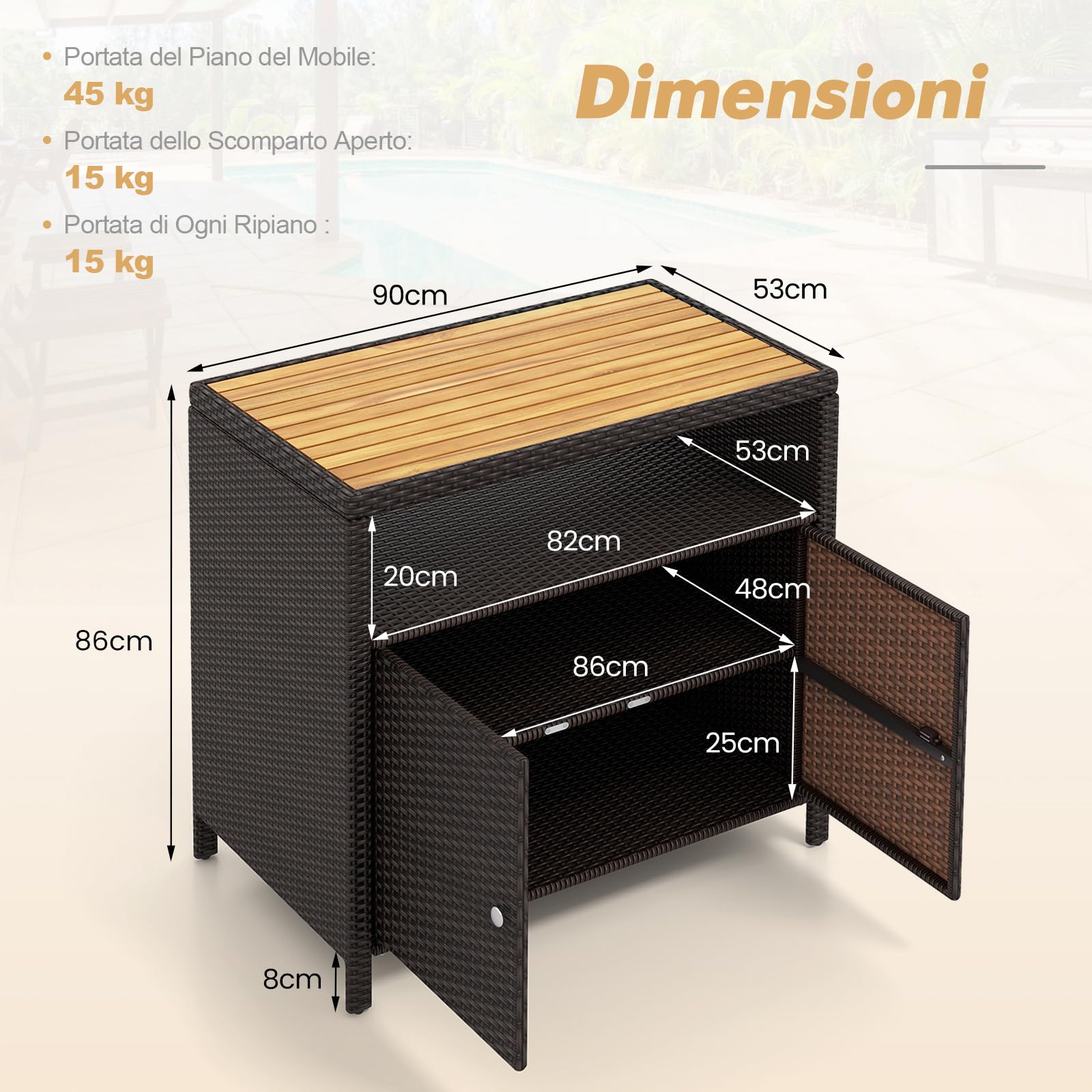 COSTWAY Armadietto Portaoggetti in Rattan, Mobile Buffet per Esterni in Legno di Acacia, Con Compartimento Aperto e Armadio Chiuso a 2 Ante, per Piscina, Terrazza e Patio, 90 x 53 x 86 cm (Marrone)