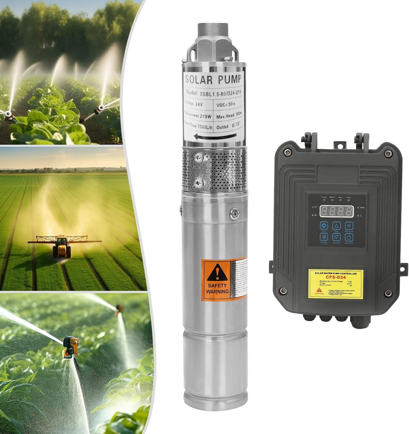 Deep Well Submersible Pump, 3 inch 210W Stainless Steel Submersible Well Pump with MPPT Controller, 262 ft Head for Irrigation, Home, Garden