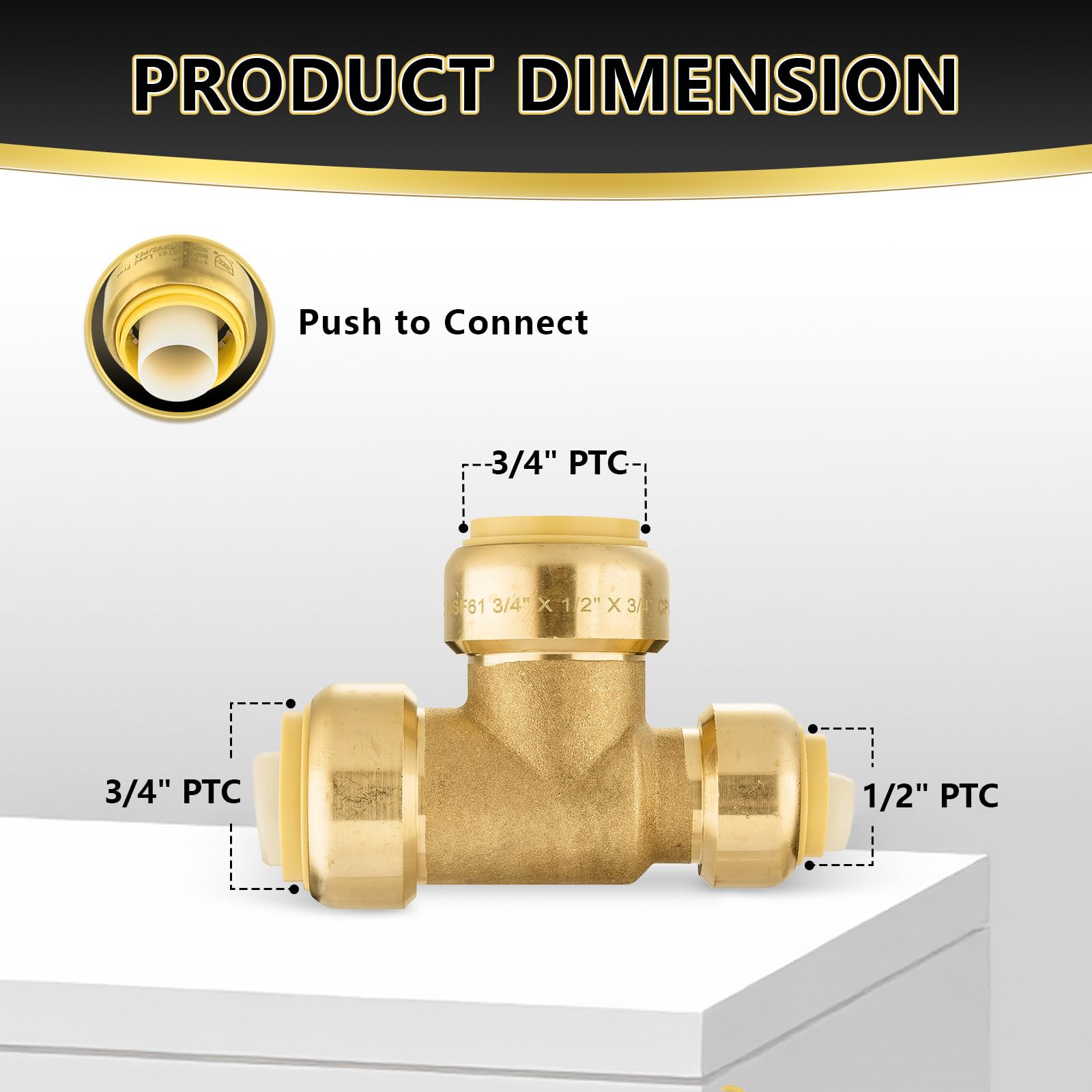 10 Piezas de Conectores en T Foskan de 3/4" x 3/4" x 1/2", de latón LF, para conectar tuberías PEX, Cobre, C y PE-RT, con Clip de desconexión para Reparaciones de plomería.