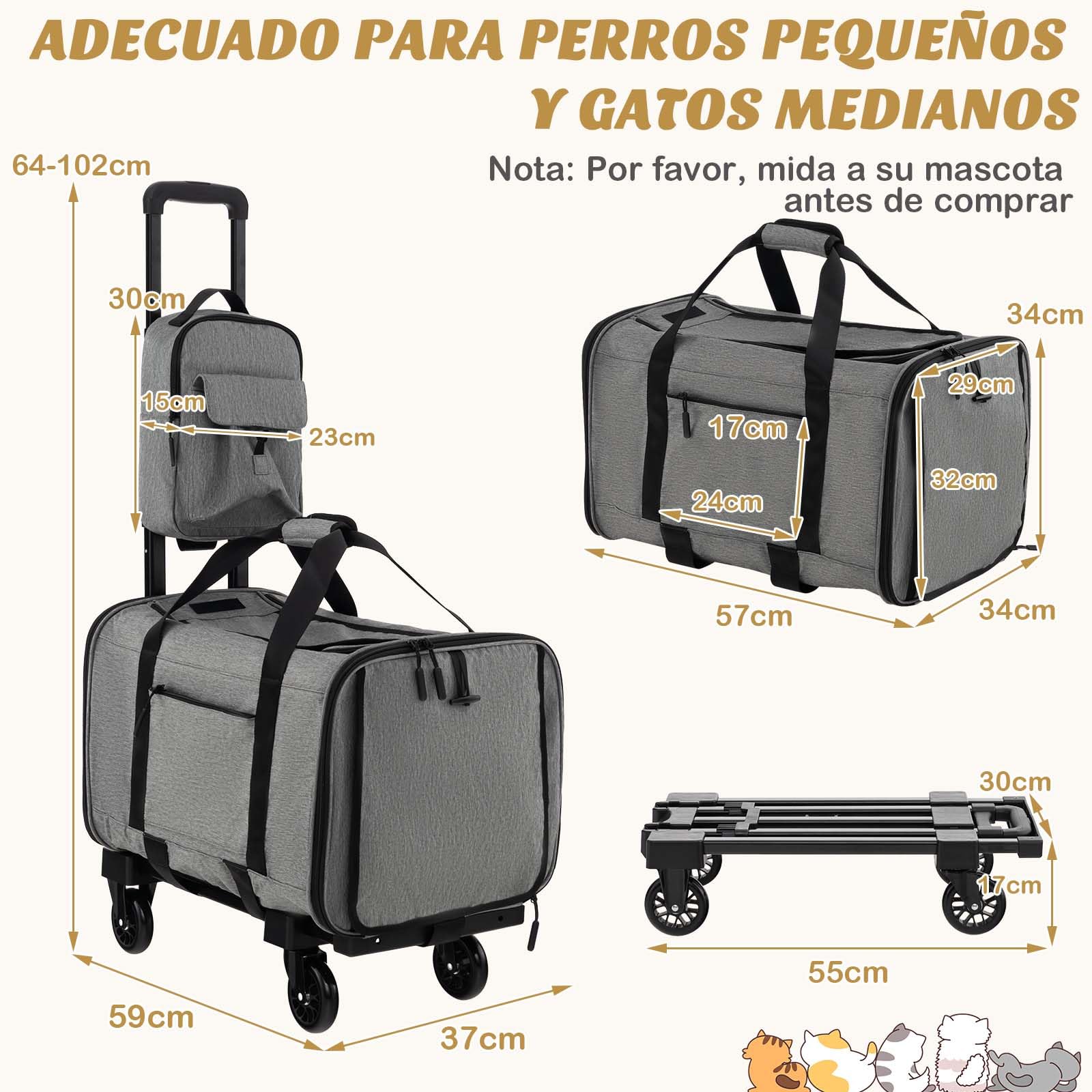 GOPLUS Carrito para Perros Plegable con Ruedas, Cochecito para Mascotas con base de doble cara, asa telescópica, Caja de Transporte y Bandolera, Trolley para Mascotas Pequeñas y Medianas, Hasta 100 KG