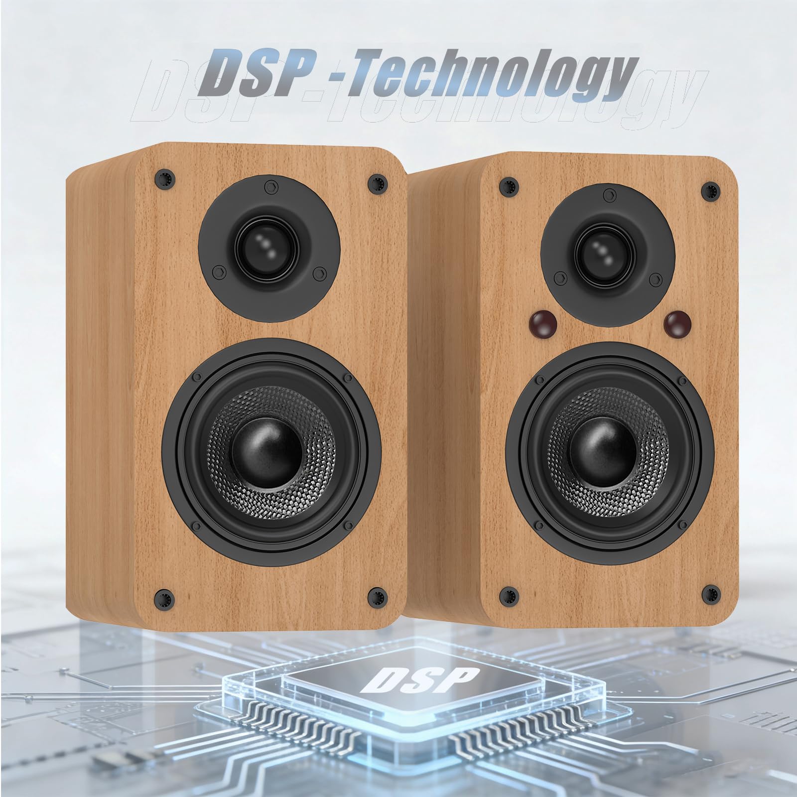 LONPOO Aktiv Regal-Lautsprecher Paar,100W RMS Aktivlautsprecher mit 4-Zoll Kohlefaser-Tieftöner, Bluetooth5.3, HDMI ARC, Optisch, Koaxial, USB, AUX-IN, Fernbedienung (LP-42X Gelb)