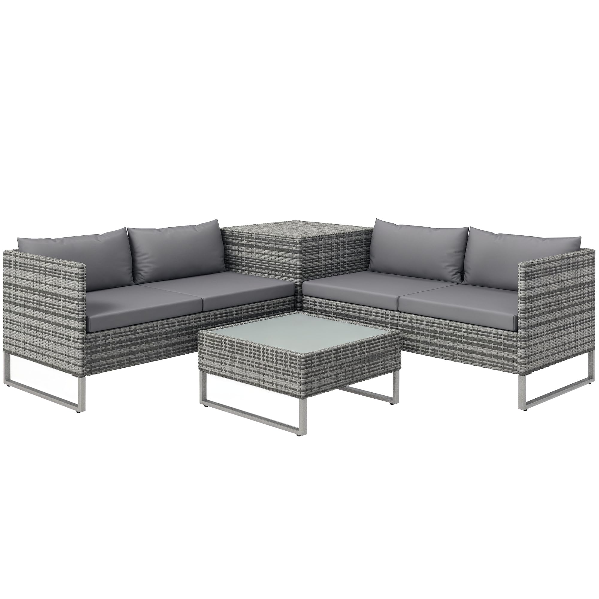 Outsunny Conjunto de Muebles de Jardín de Ratán 4 Piezas 132x69x64 cm Gris | 2 Sofás Dobles, Mesa de Centro, Mesa con Arcón, Cojines Extraíbles, Terraza Patio Exterior, Kit Sofá2 Plazas