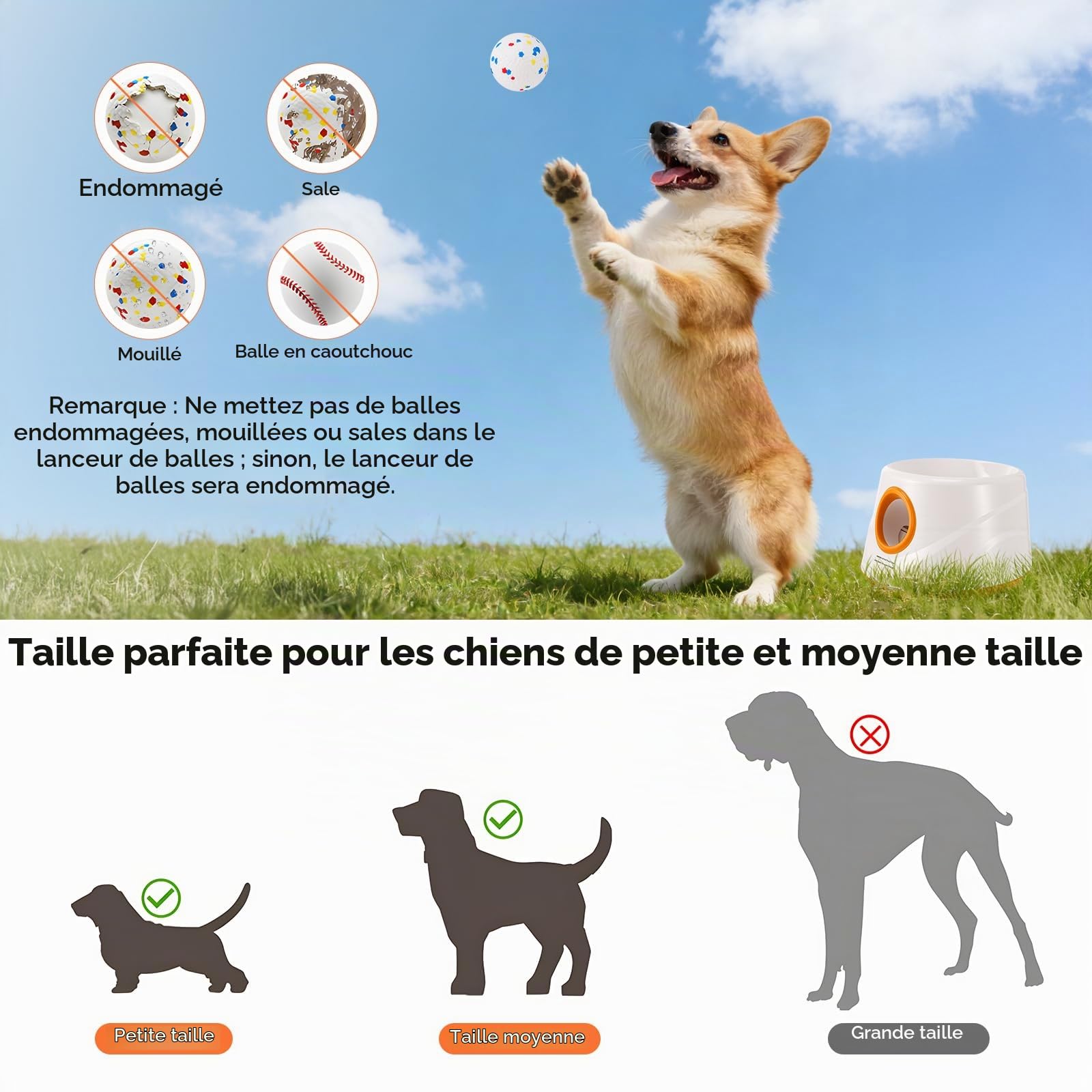 Machine à lancer de balles pour chien avec 3 distances (6-14 m) avec 3 balles de tennis robustes, lanceur de balle pour chien, lanceur de balle interactif automatique pour chiens de petite et moyenne