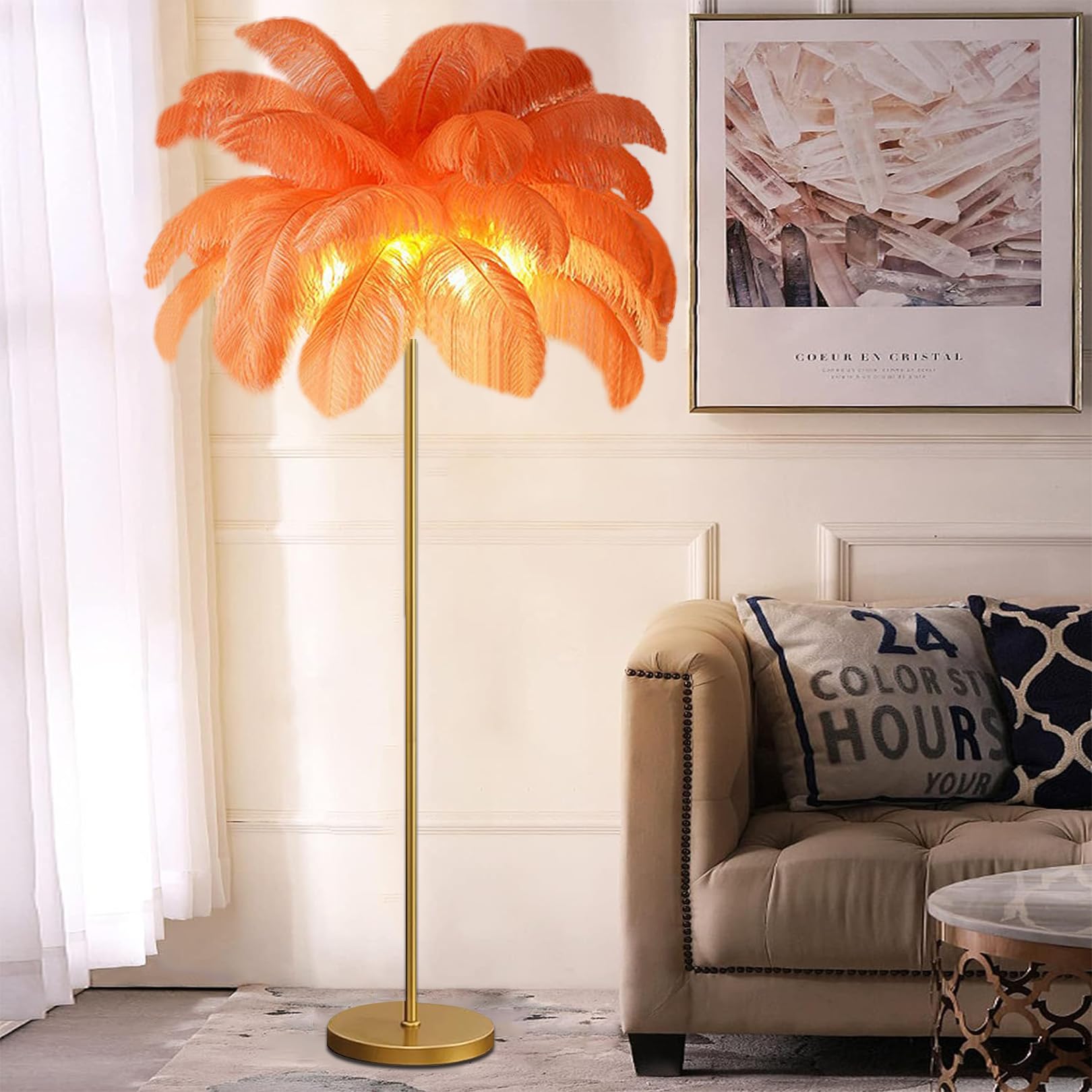 Lampadaire en plumes d'autruche luminaire moderne de salon à 6 lumières dorées