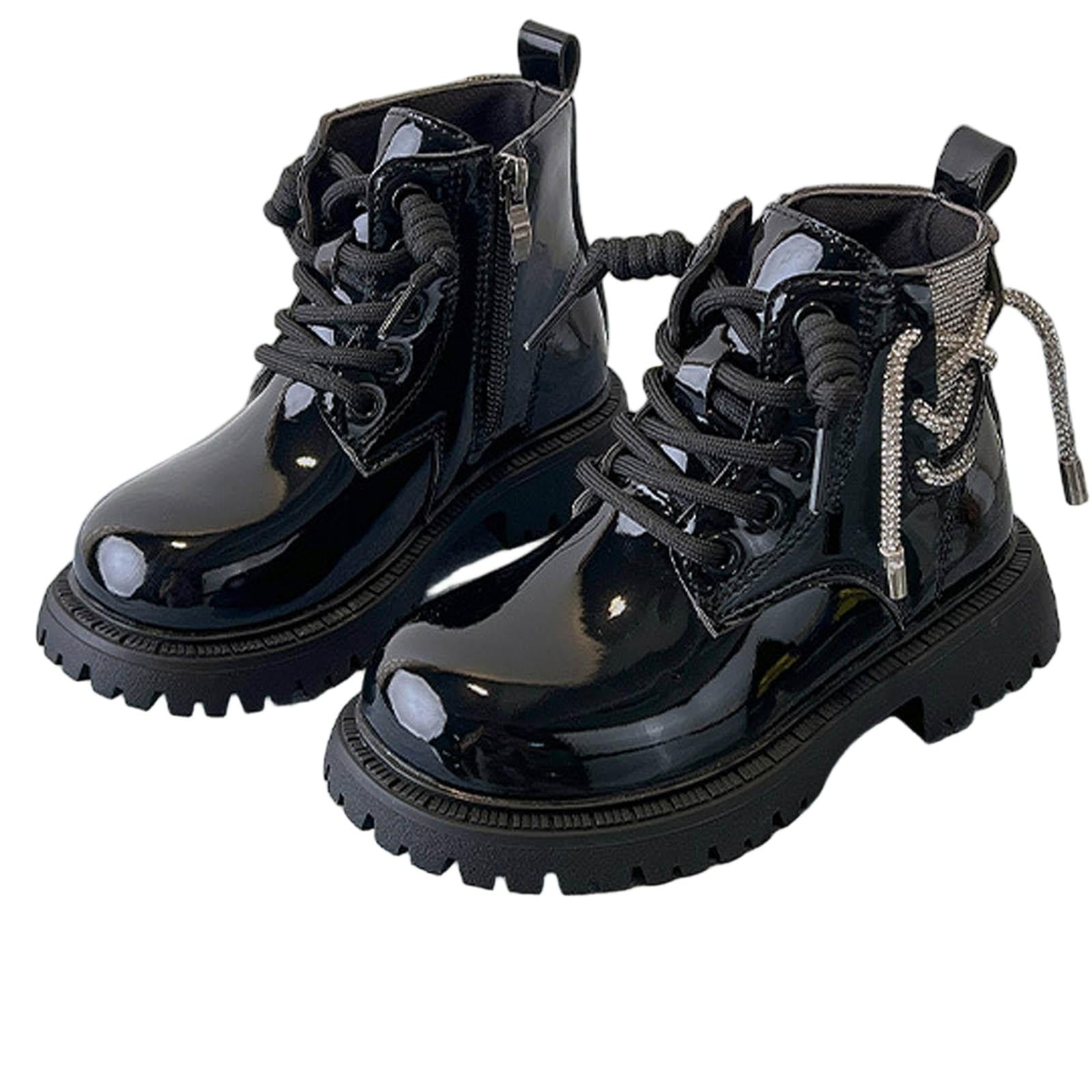 Ctreela Boys Girls Combat Boots Patent Leather Outdoor Chunky Ankle Hiking Boots Sneaker High Top Casual Lace Up