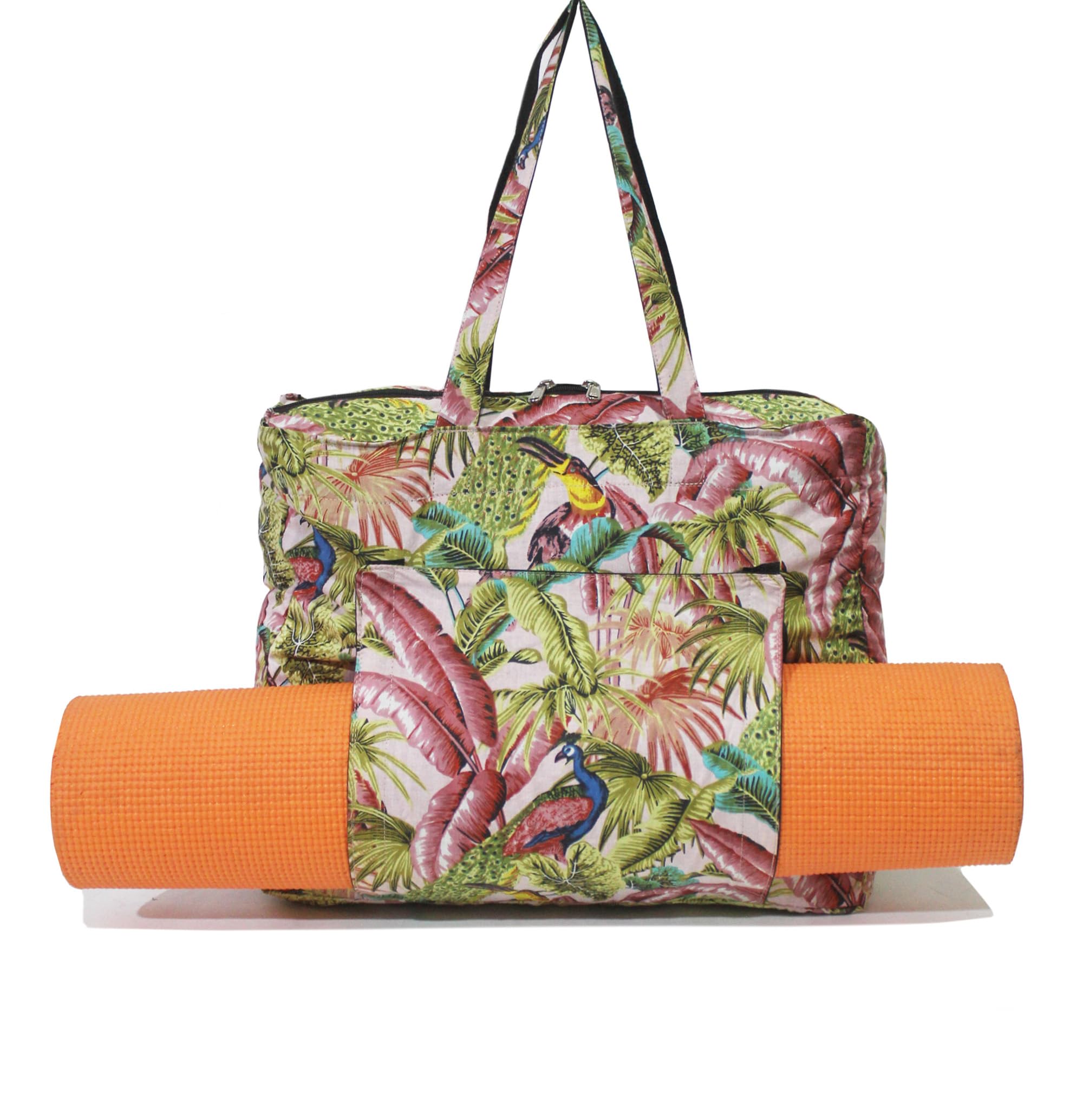 INDIAN CRAFT CASTLE ICC Large Yoga Tote Bag with Yoga Mat Holder, Women's Cotton Canvas Shoulder Bag for Pilates, Gym, Office, Travel & Beach, Reusable Carryall with Inner Zip Pocket, Pink & Green โ image 1