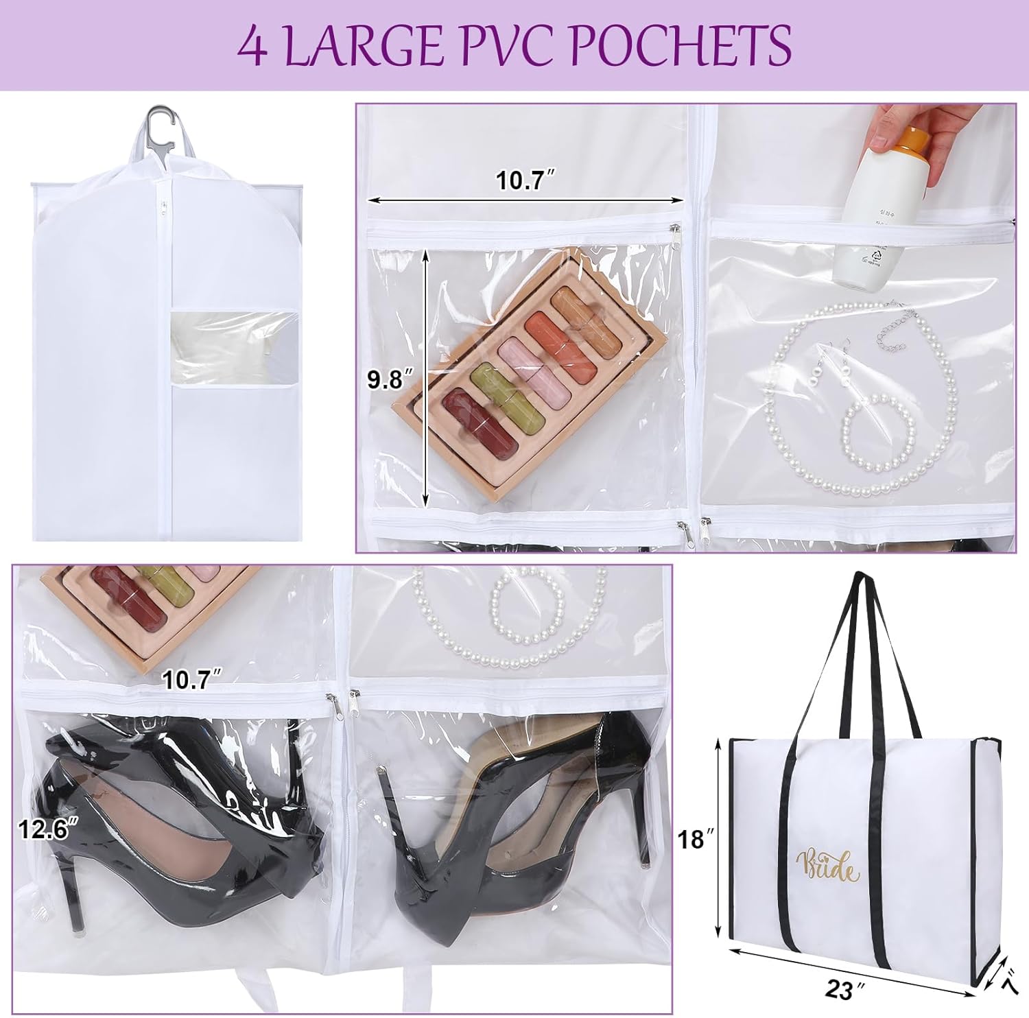 Shinylin 70" Oxford Foldable Wedding Dress Garment Bag Bride Tote Bag 4 Pockets Bride Gowns Bag for Prom Evening Dress