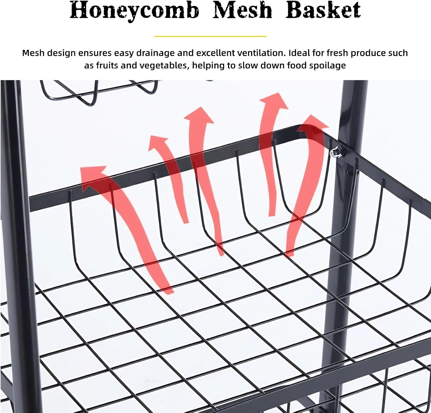 3-Tier Kitchen Storage Cart, Metal Utility Rolling Organizer Racks, A-Frame Design with Wire Baskets and Swivel Casters for Living Room, Kitchen, Bathroom, Laundry Room, Office
