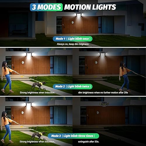 Miniatura 6 de Luces solares para exteriores de 6500 K, 3000 lúmenes, 304 luces LED con sensor de movimiento, luces de seguridad de 3 cabezales, IP67 impermeable,
