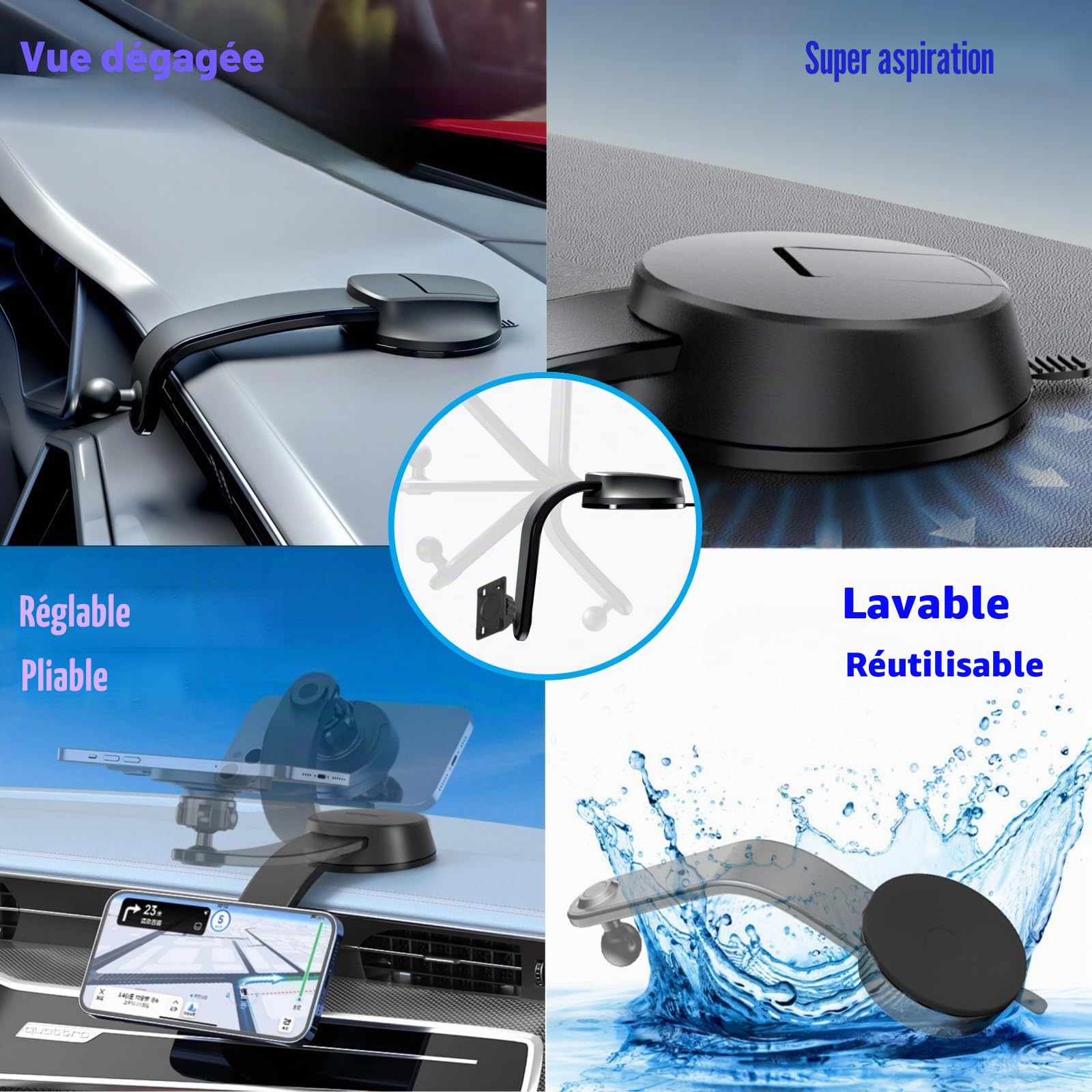 Support à Ventouse pour Écran Carplay, Bras Réglable en Alliage d'aluminium, Support de Tableau de Bord Discret avec Disque Adhésif Puissant de 78mm pour Support d'écran de Voiture