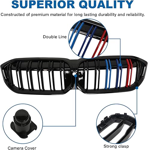 Miniatura 133 de Rejilla frontal negra brillante compatible con BMW Serie 3 G20 2019 2020 2021 2022 316i 318i 320i 328i 330i 330i 335i 340i Doble lamas negro