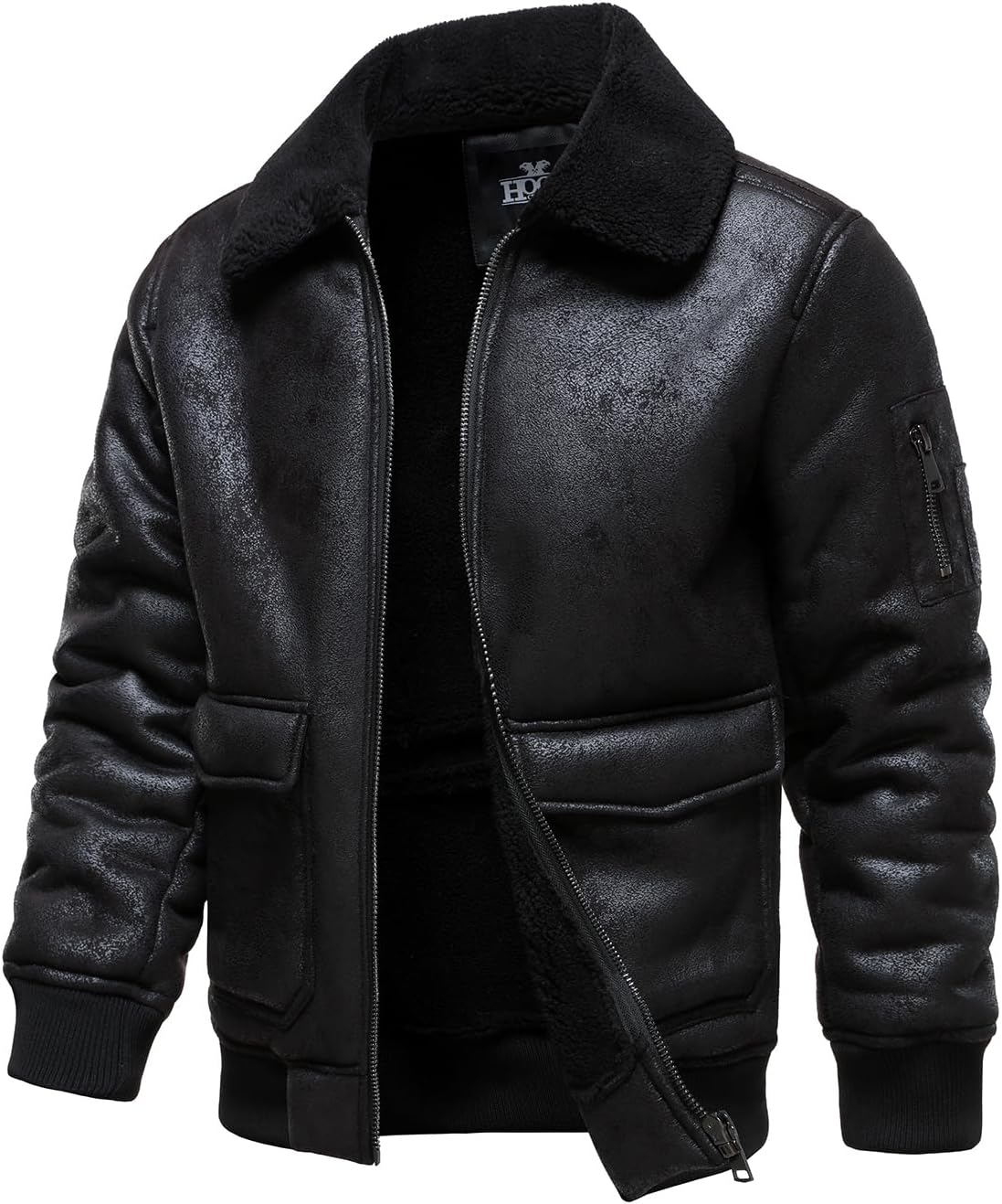 HOOD CREW Men's Faux Leather Motorcycle Jacket Men Bomber Jacket Warm Sherpa Fleece Lined Winter Coat Aviator Flight Jackets - Image 3