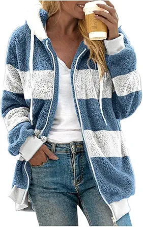 Fuzzy Fleece Jackets for Women Plus Size Hoodies Fall Winter Coats Color Block Patchwork Cardigan Coat with Pockets