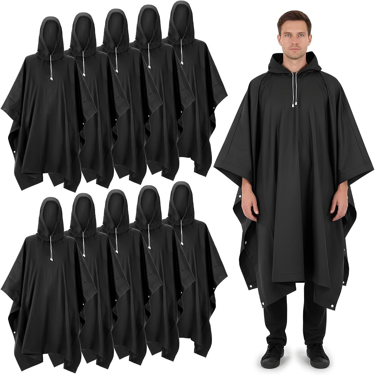 10 Pcs Reusable Rain Ponchos for Adults Waterproof EVA Raincoat with Drawstring Hood Lightweight Packable Rain Gear for Men Women Outdoor Camping Hiking Travel Black