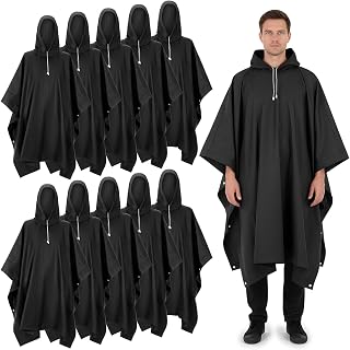 10 Pcs Reusable Rain Ponchos for Adults Waterproof EVA Raincoat with Drawstring Hood Lightweight Packable Rain Gear for Men Women Outdoor Camping Hiking Travel Black