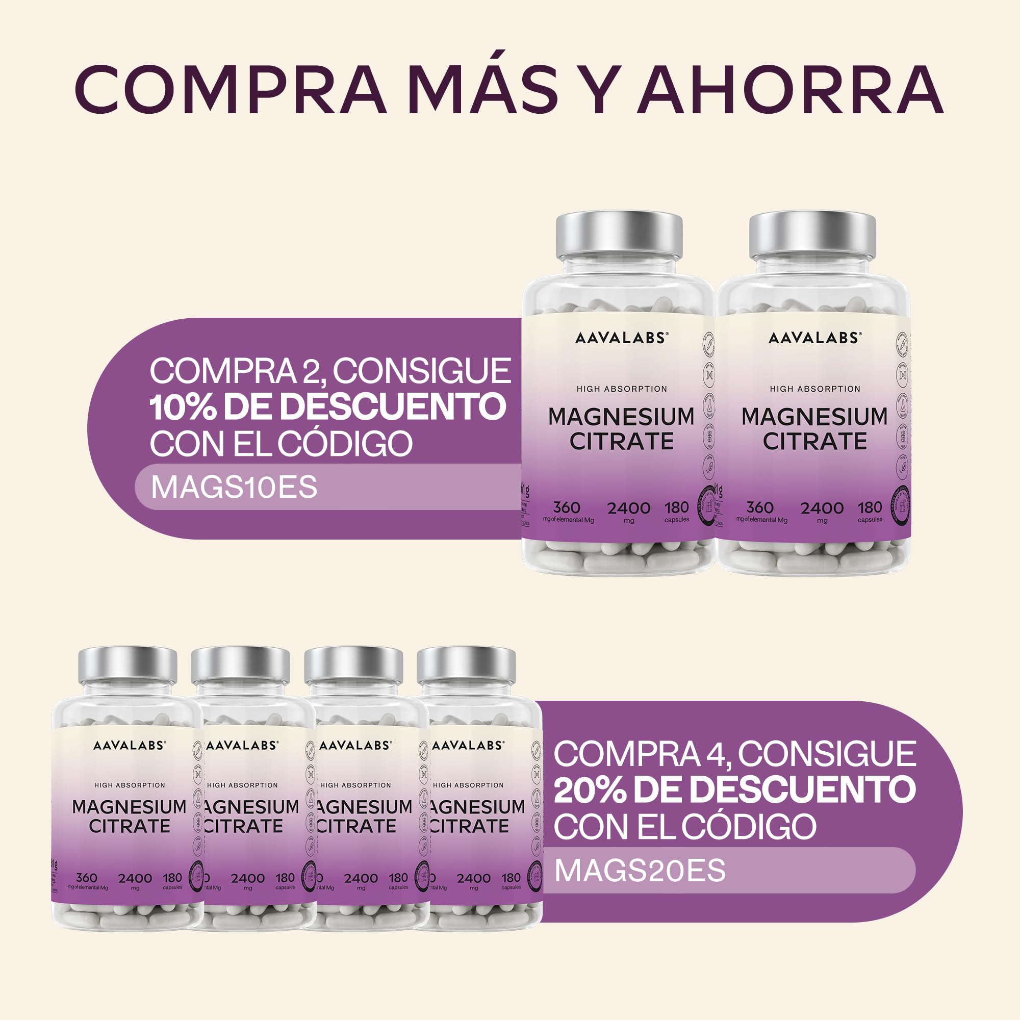 Aavalabs Citrato de Magnesio Capsulas [2400 mg por dosis diaria] - Alta Dosis de Magnesio Elemental [360 mg por dosis] - Puro y Vegano - 180 Cápsulas - Dosis Diaria 3 Cápsulas