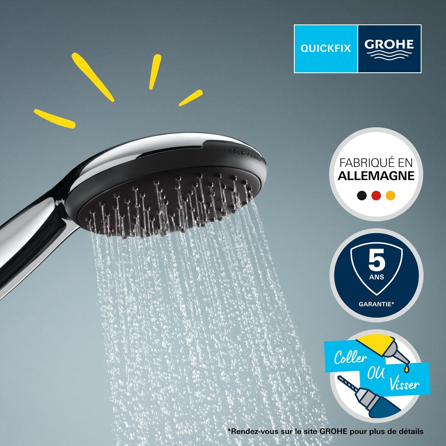 GROHE Vitalio Start 110, Ensemble de Douche avec Douchette Ronde 3 Jets, Support Mural Universel, Flexible 1,75m, Economie d'Eau, A coller avec GROHE QuickGlue ou à visser, Chromé, 26769001