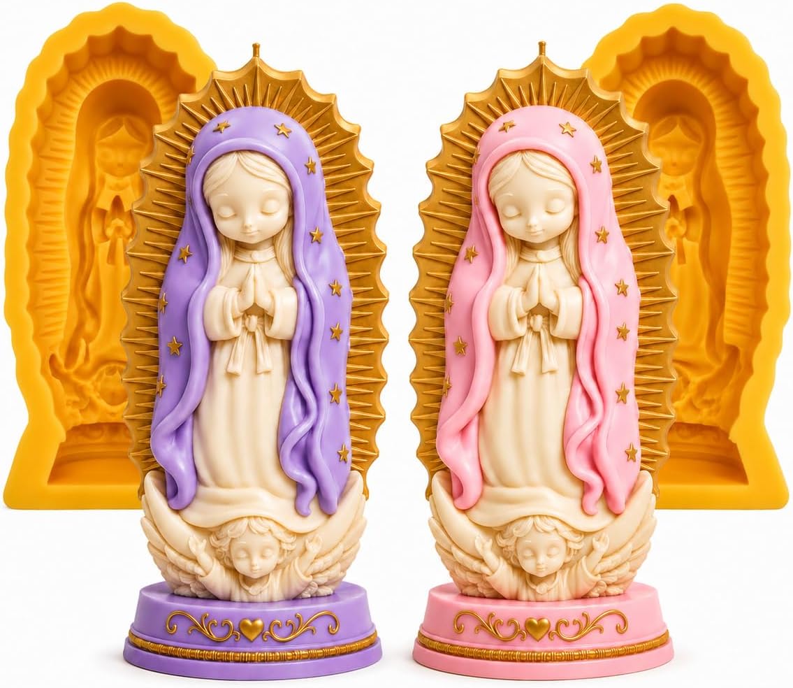 Virgin Mary Silicone Mold 2 Pieces Set, Food Grade Virgin molds and Baptism Candle Mold, Virgen de Guadalupe Candle Mold Premium Flexible Silicone Mold.