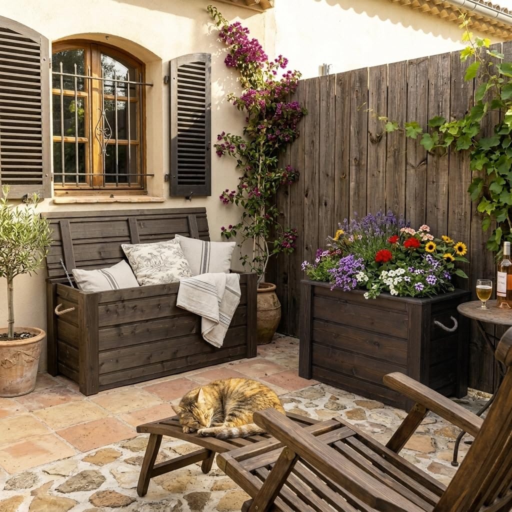Flair TS 120 Gartentruhe Holz Truhe Garten Aufbewahrung Truhenbank Fichte Palisander mit Seilgriffe