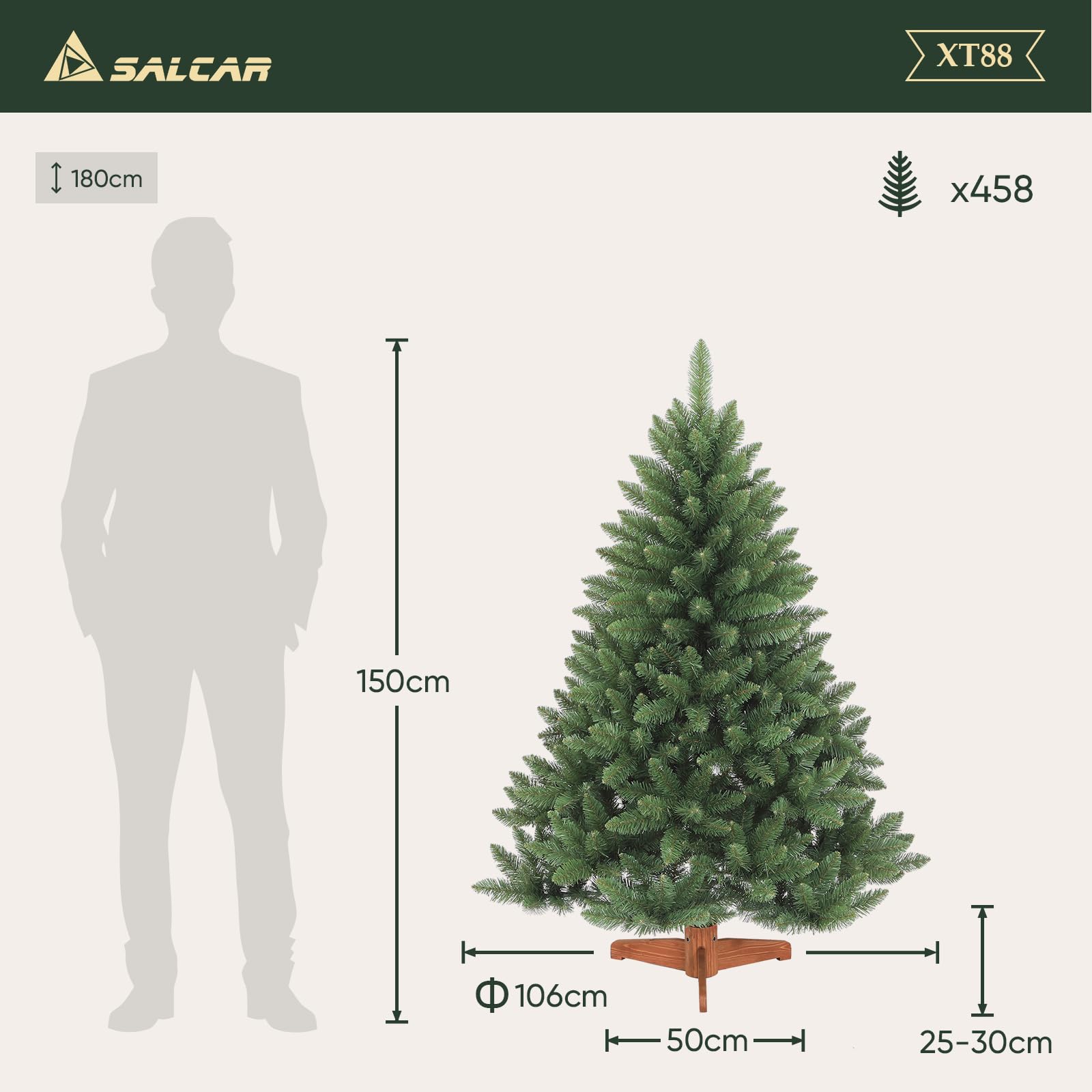SALCAR Sapin de Noël Artificiel de 150 cm (1,5 m) avec Support en Bois, Sapin Nordmann Vert, diamètre d’env. 106 cm