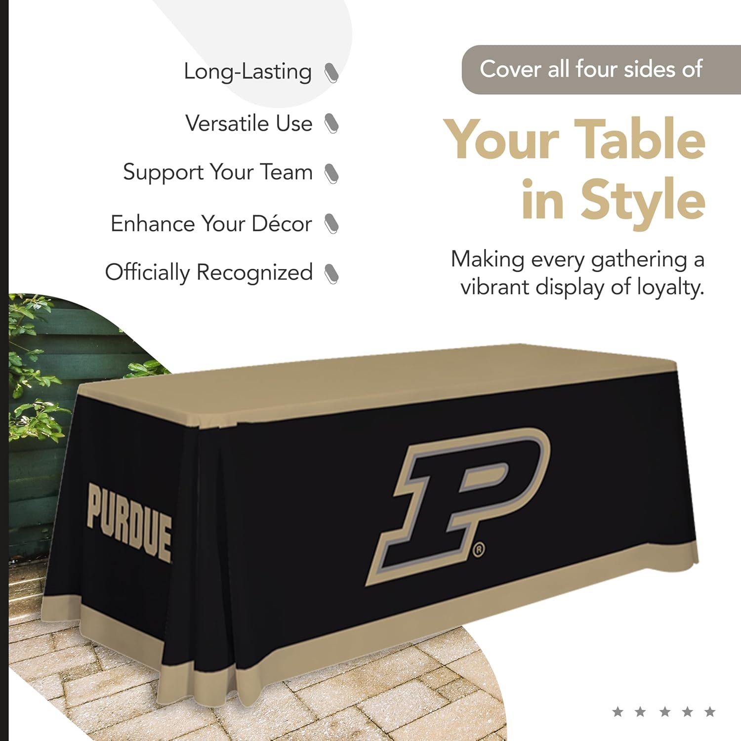 Purdue Boilermakers College Sports Printed Table Throw - NCAA Licensed - Polyester - School Tablecloth (Black, Gold) (6' Draped)