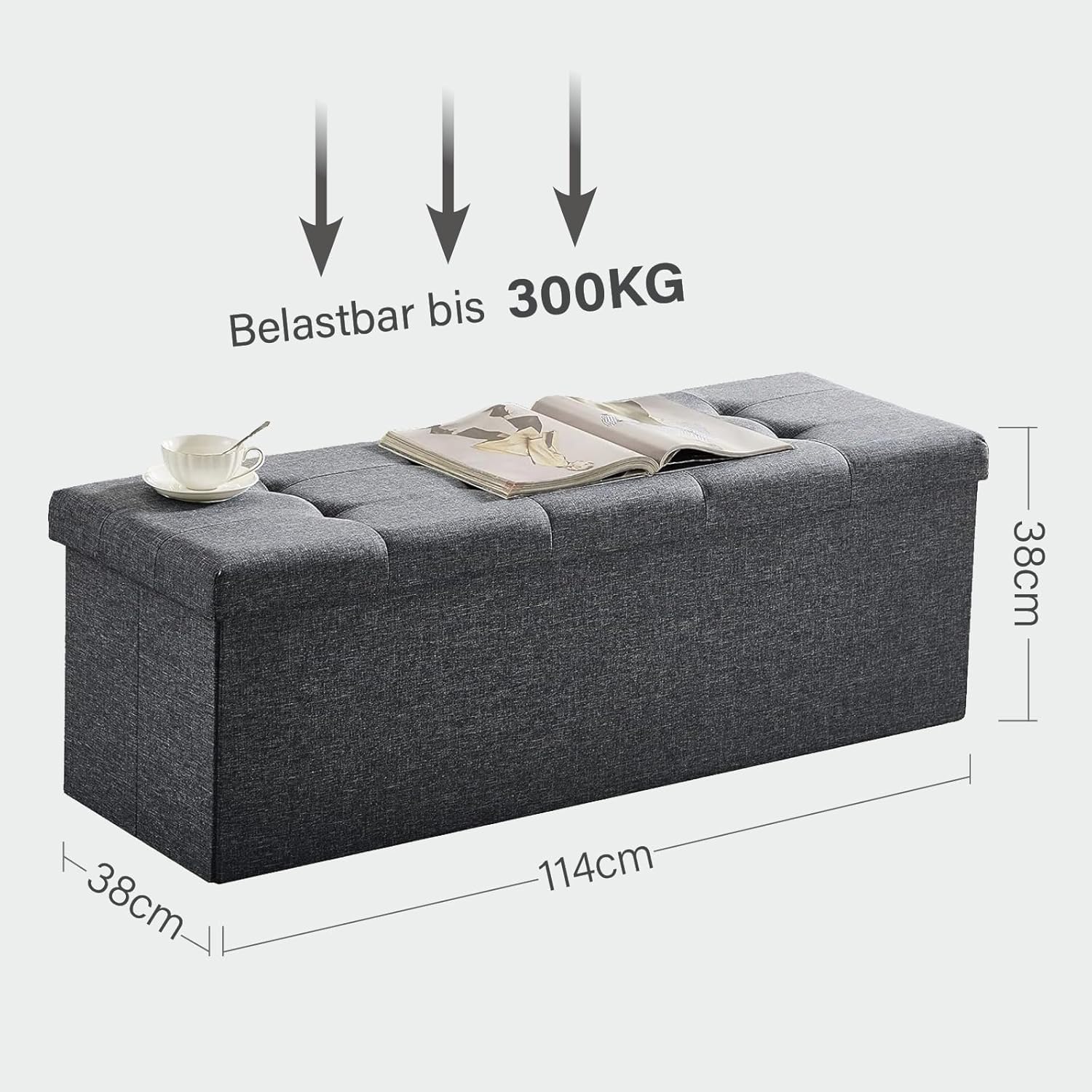 Zedelmaier Sitzbank mit Stauraum, Sitzhocker Faltbar Sitztruhe belastbar bis 300 kg, Deckel klappbar, klappbare Sitztruhe für Wohnzimmer, Flur, Schlafzimmer, 114x38x38 cm, Dunkelgrau