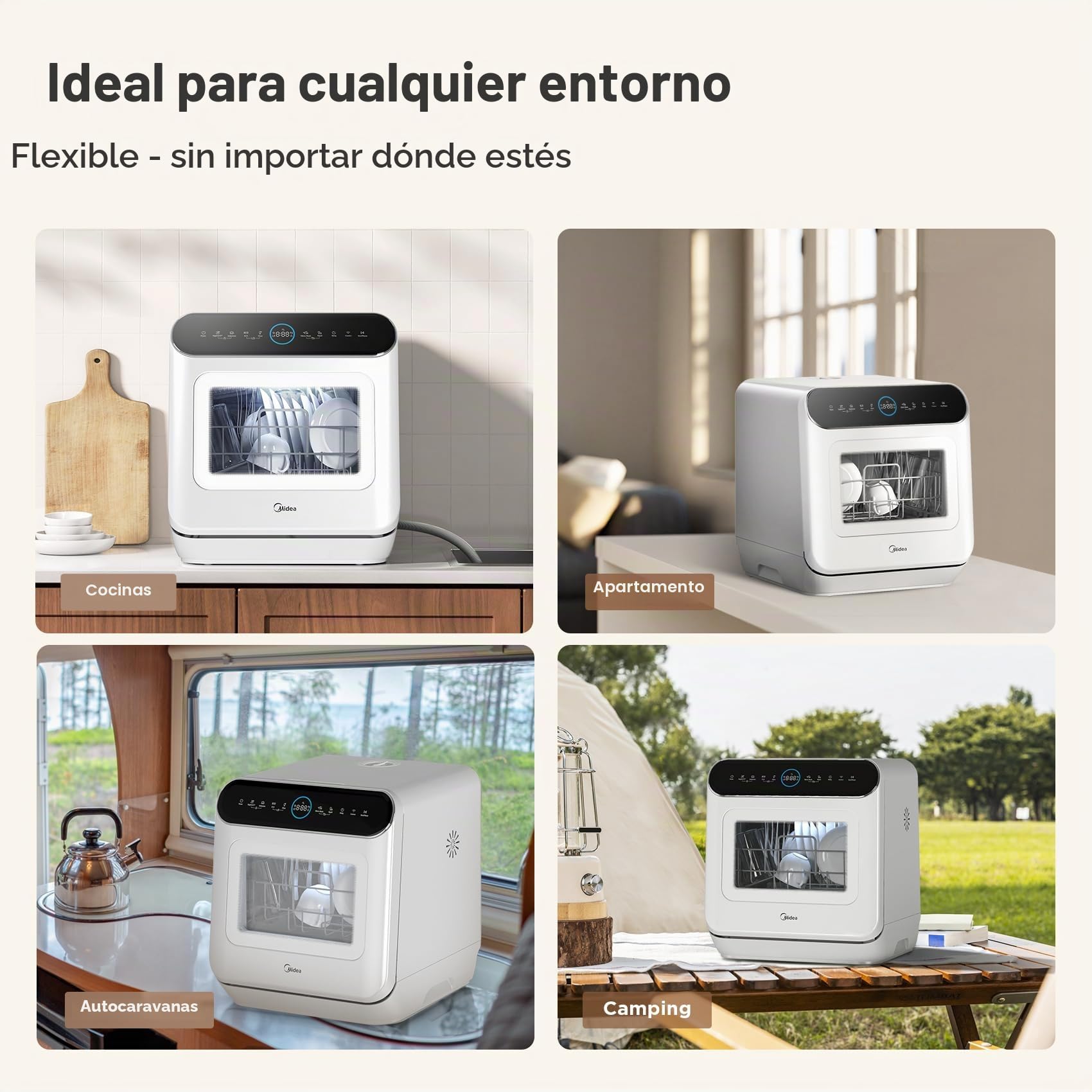 Midea Lavavajillas de mesa para 3 cubiertos, se puede utilizar con y sin conexión de agua, control IOT, 6+1 programas, control táctil, mini lavavajillas para apartamentos, dormitorios y autocaravanas