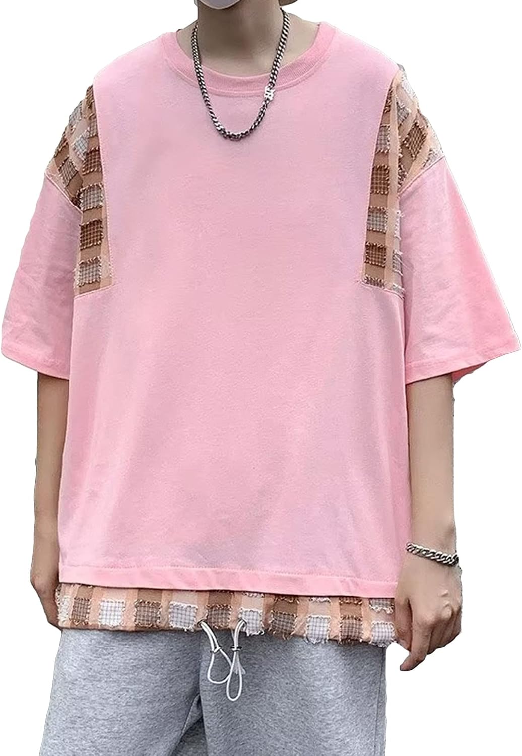 Men's Fake 2 Pieces Top Casual 3/4 Sleeved Shirts Round Collar Summer Patchwork Casual Loose Short-Sleeved T-Shirt