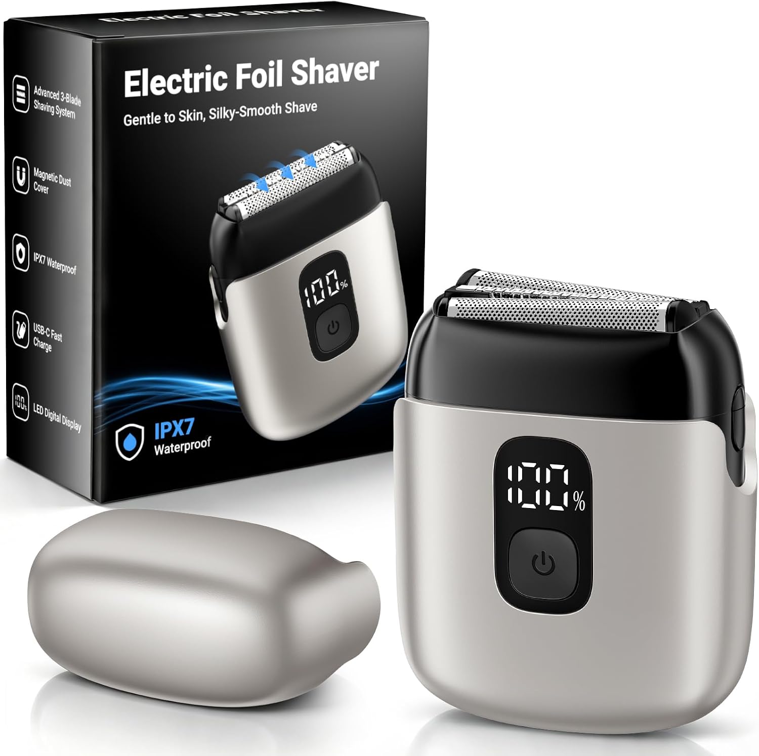 Electric Foil Shavers for Men, Mini Electric Razor with 3 Floating Blades, IPX7 Waterproof Cordless Shaver, LED Battery Display, USB-C Fast Charging & Travel Lock, Champagne Gold