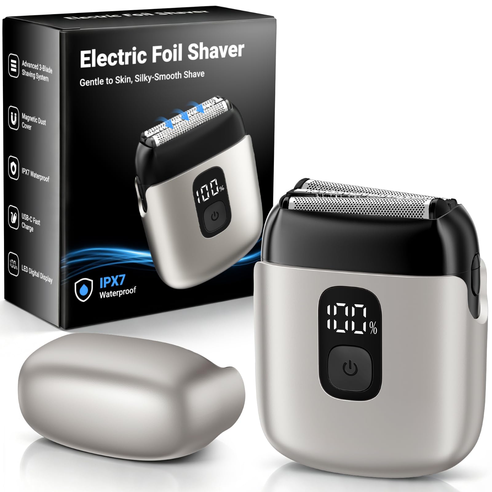 Electric Foil Shavers for Men, Mini Electric Razor with 3 Floating Blades, IPX7 Waterproof Cordless Shaver, LED Battery Display, USB-C Fast Charging & Travel Lock, Champagne Gold