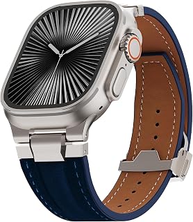 Apple Watch Ultra 49mm（2026年モデル） 用 ヴィンテージ本革バンド、iWatch 46mm/45mm/44mm 対応の耐久性 な交換用ストラップ - 男女兼用、Ultra 3/2/1、SE 3/2/1、Series 11/10/9/8/7/6/5/4 に対応