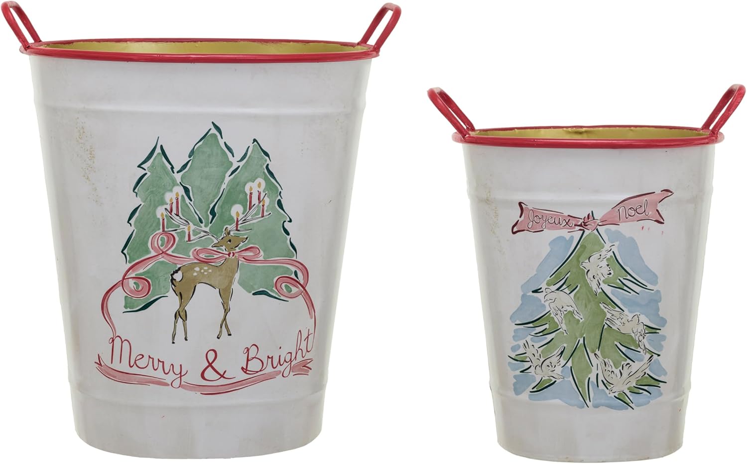 Creative Co-Op Decorative Metal Buckets with Trees, Holiday Saying, Red Rim and Handles, Multicolor, Set of 2