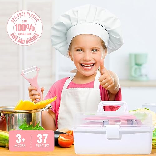 Miniatura 7 de Juego de 37 piezas de cocina para niños, juego de regalo para cocinar y hornear con estuche de almacenamiento, temporizador, cuchillos seguros para