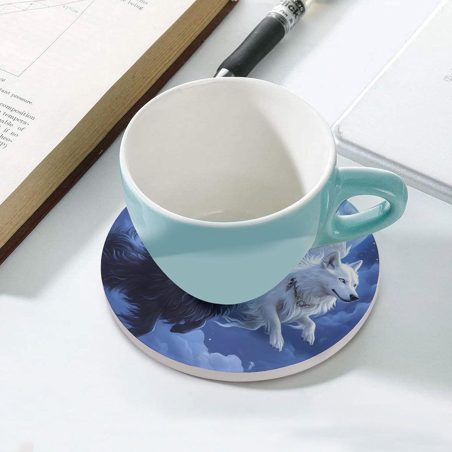 Flying Wolf Moonnight Round Ceramic Coasters Print Drinks Absorbent with Cork Base for Home Decor Gifts 4 Inch