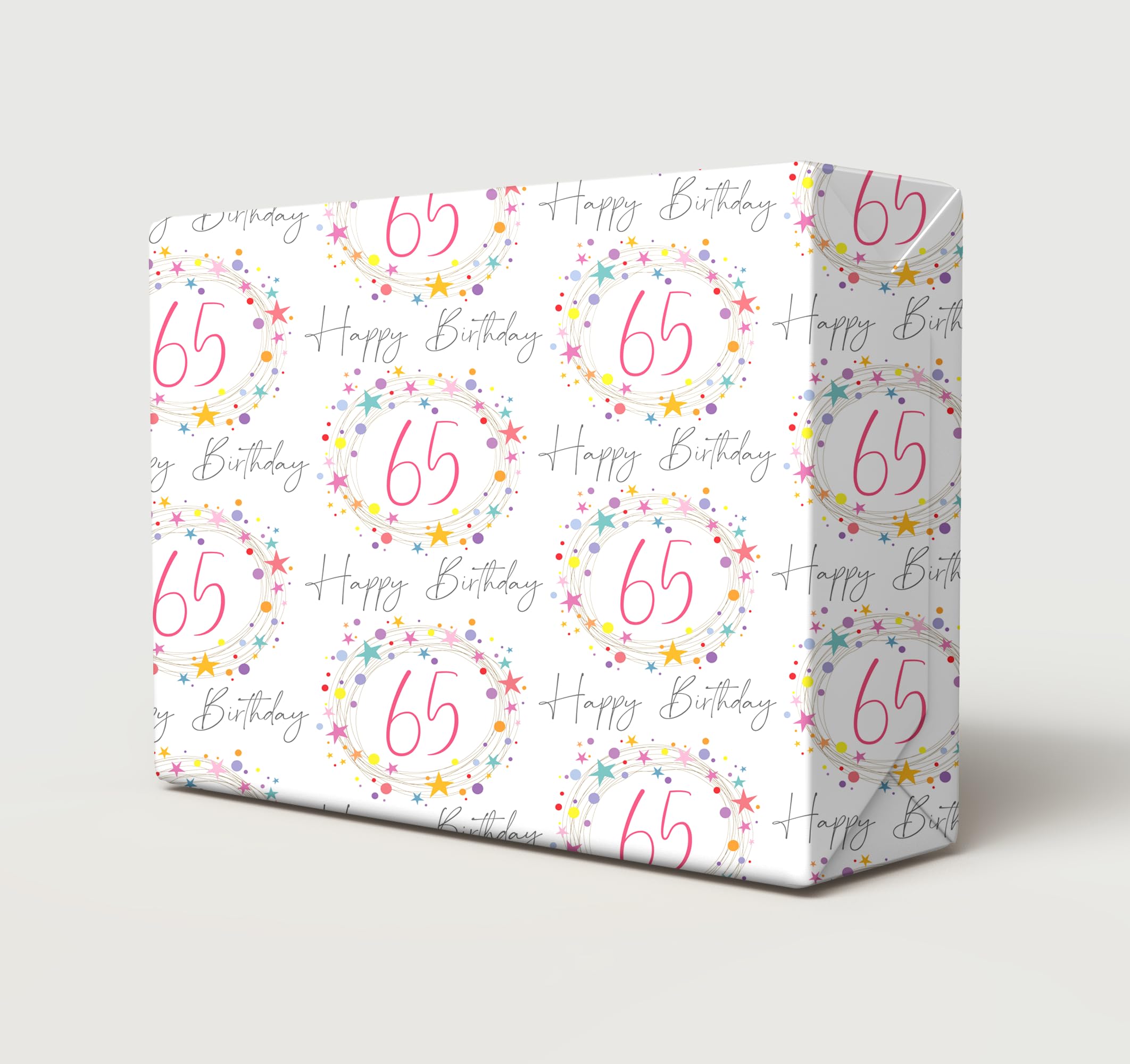 2 Sheets 2 Tags 65th Happy Birthday Colourful Stars Dots and Spiral Design Beautiful Female Wrapping Paper Age 65 Birthday Fun And Attractive Ladies Giftwrap (PA)