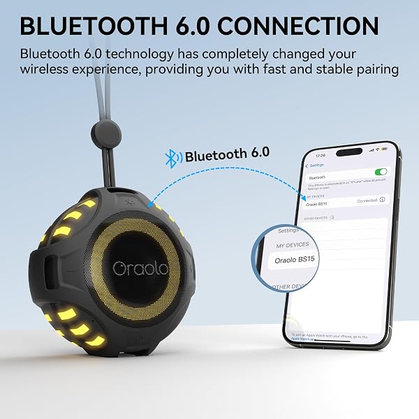 Oraolo Portable Bluetooth Speaker, Shower Speaker with RGB Lights, IPX7 Waterproof, Bluetooth 6.0, 10H Playtime, Hands-Free Calling, Wireless Outdoor Speaker for Pool, Kayak, Bike, Golf - 5