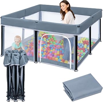 BQKOZFIN Playpen, Square, Compact, Foldable, with Door, Large Baby Playpen, Anti-Slip Suction Cup, Mesh Type, Washable, For Kids, Pets, Storage Bag, For Indoor and Outdoor Use, Children, Lightweight,