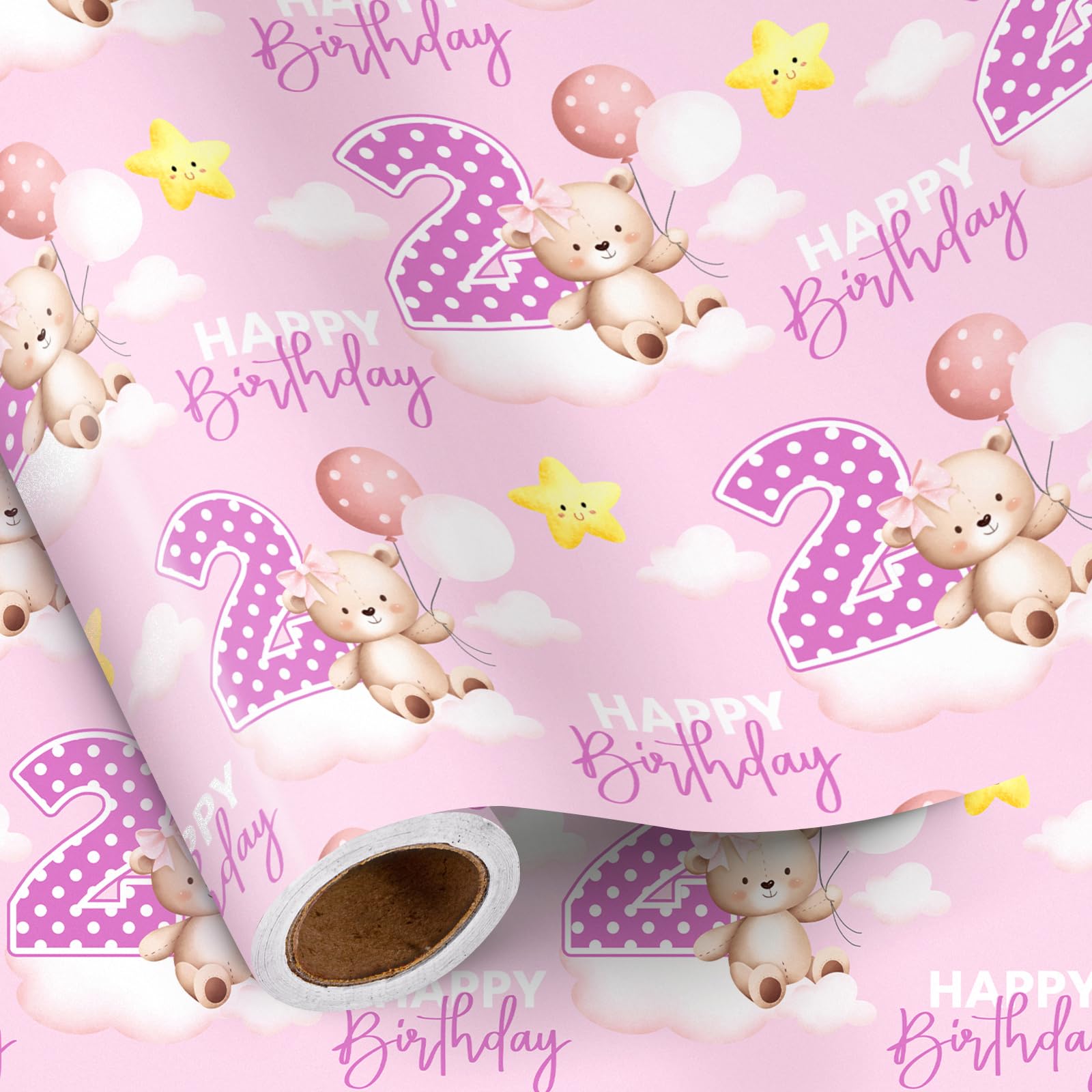 RUSPEPA 2nd Birthday Wrapping Paper Roll for Toddler Girl, Mini Roll, Pink Bear Balloons and Number 2 Gift Wrap Paper for Second Birthday Party and Celebrations, 17 Inches x 16.4 Feet