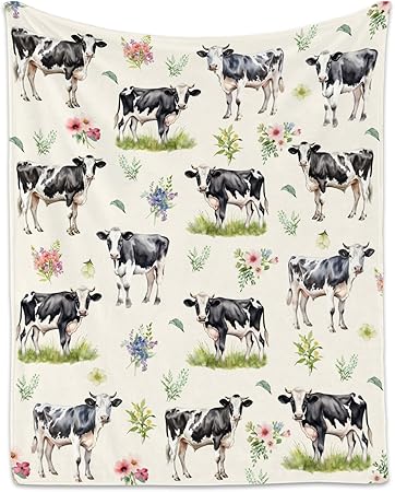 Cow Blanket for Women, Cozy Soft Throw Gifts, Cute Yellow Flannel Throw Blankets for Couch Office, 60x80 Inches