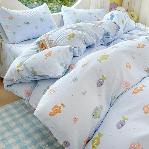 HighBuy Kids Fish Print Twin Duvet Cover Set,3 Piece Linen Cotton Bedding Sets T