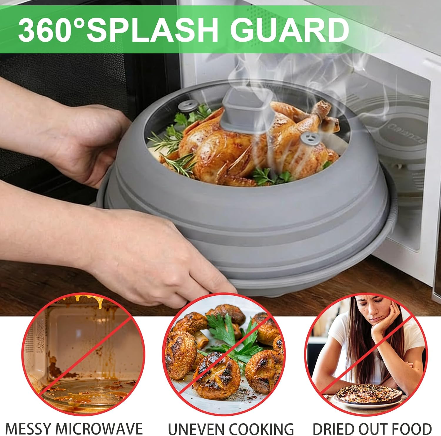 3 in 1 Microwave Splatter Glass Cover with Silicone Mat and Base Plate,BPA Free Collapsible Silicone Microwave Food Cover with Vent Hole and Anti-scald Silicone Handle,Dishwasher Safe (Small-Gray)