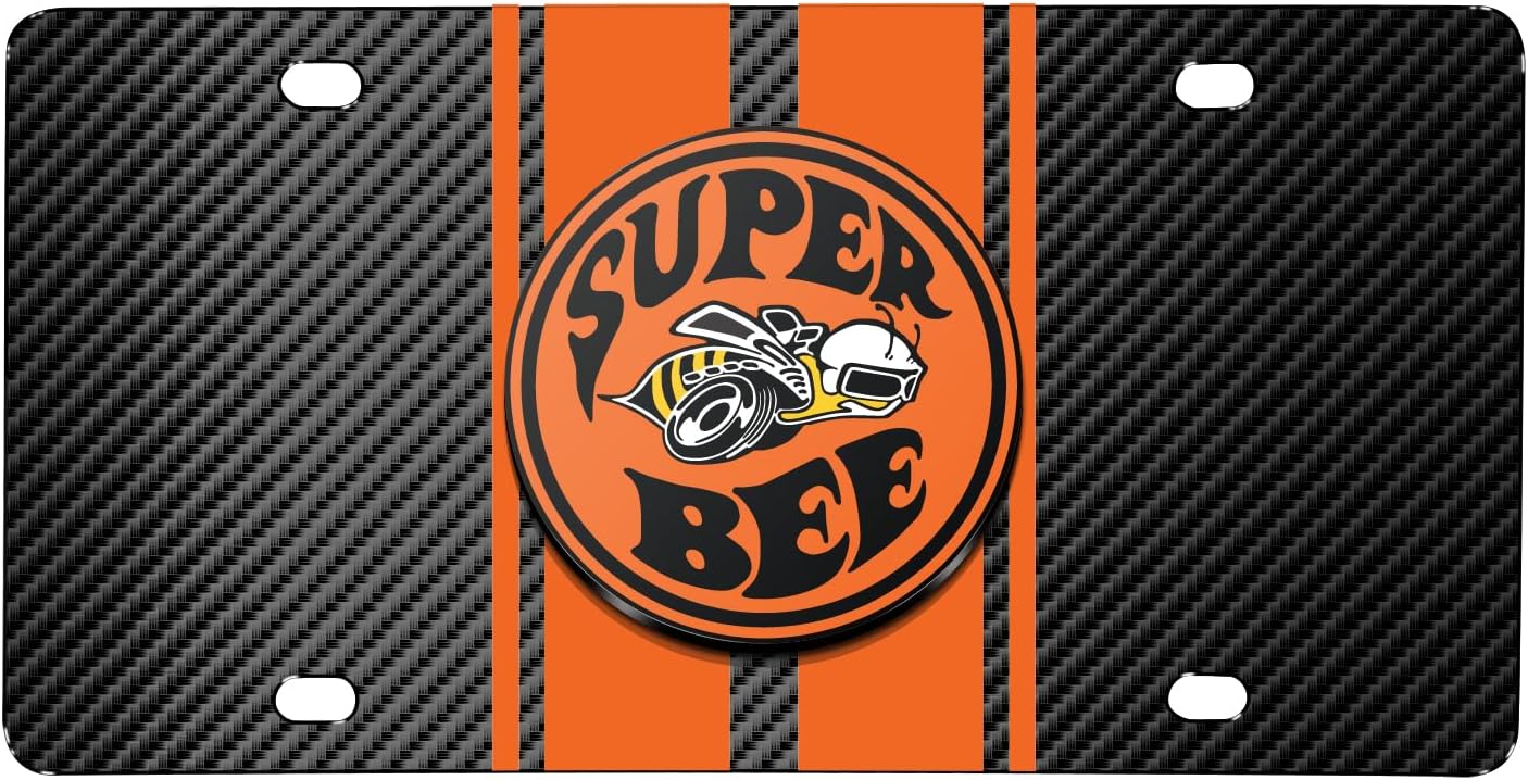 iPick Image for Dodge Super Bee 3D Logo in Orange on Orange Stripe Black Carbon Fiber Look Stainless Steel License Plate - Official Licensed