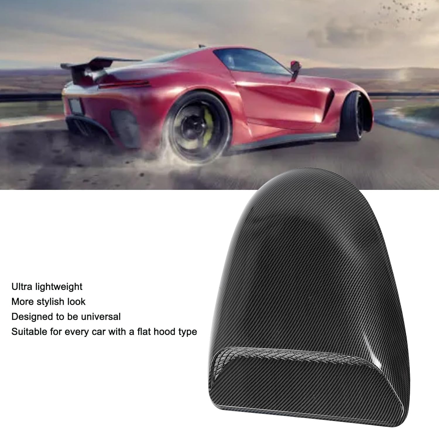 Hood Scoop, ABS Plastic Hood Scoop Body Kit Cars Trucks Vent Accessories Easy Install with Adhesive for Flat Engine Hoods (Carbon Fiber Style