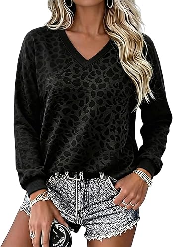 Leopard Sweatshirt for Women V Neck Long Sleeve Casual Pullover Tops