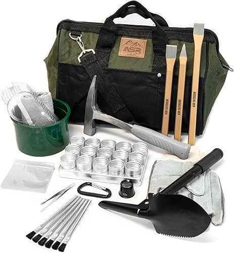 ASR Outdoor Kit de equipo de Rockhounding para principiantes de 40 piezas con bolsa de herramientas, cinceles, martillo de selección de rocas